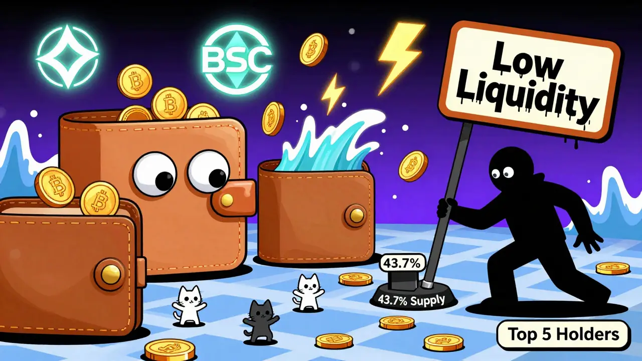 Portefeuilles géants achètent des jetons MOMOFUN en forme de chats, un homme sombre tire un levier de concentration.