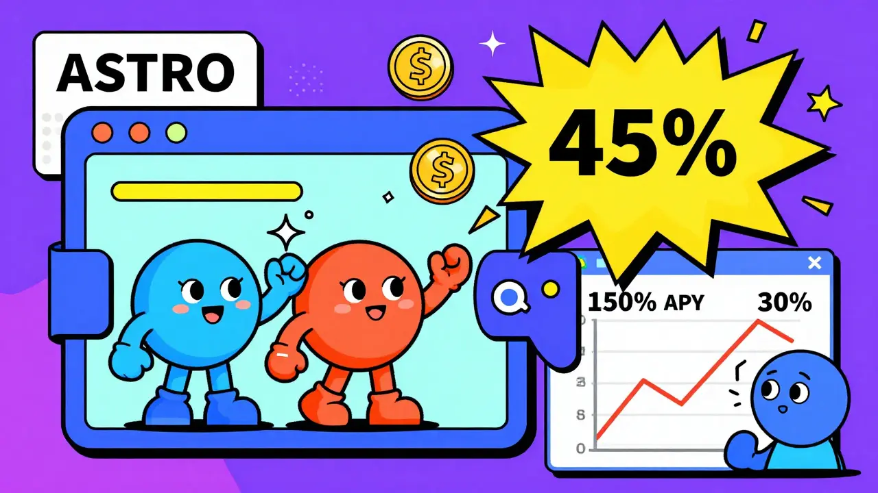 Portefeuilles Nami et Eternl qui célèbrent des récompenses ASTRO à 45 %, avec un graphique APY en déclin.
