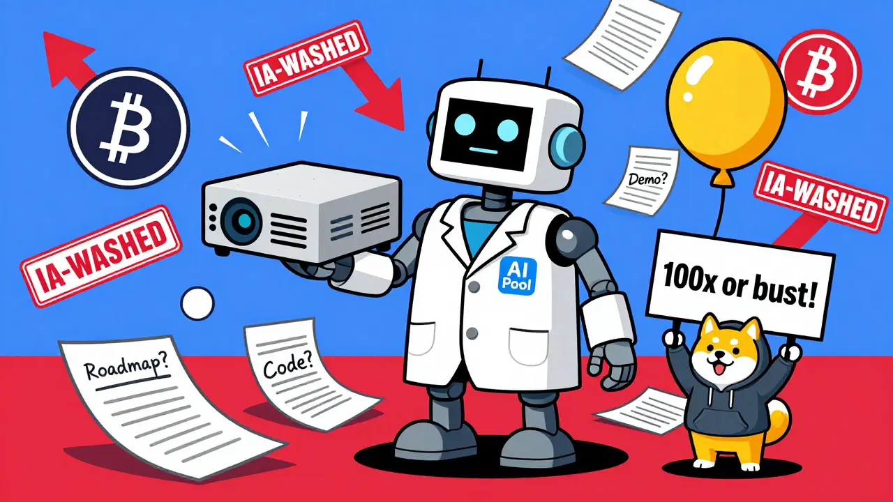 Robot cassé projette des memes vides, entouré de papiers avec des questions, un petit personnage tient un ballon dégonflé.