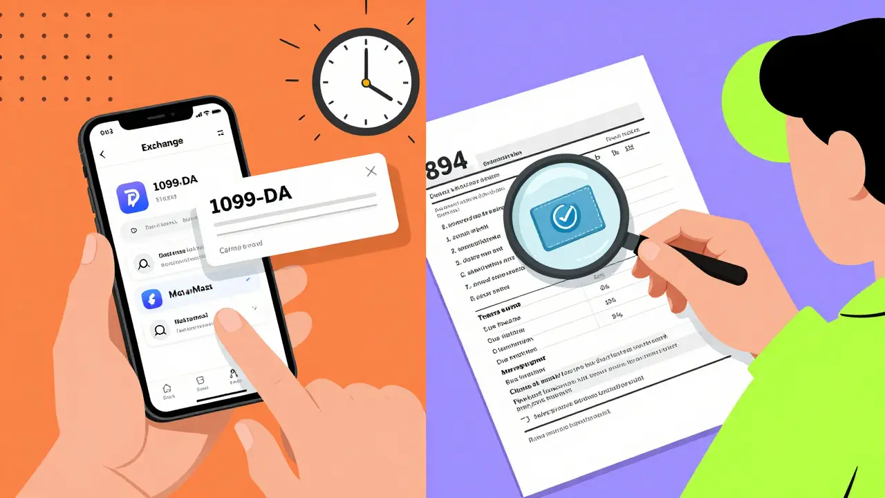 Scène divisée : échange crypto vs saisie manuelle du formulaire 8949 avec portefeuille MetaMask.