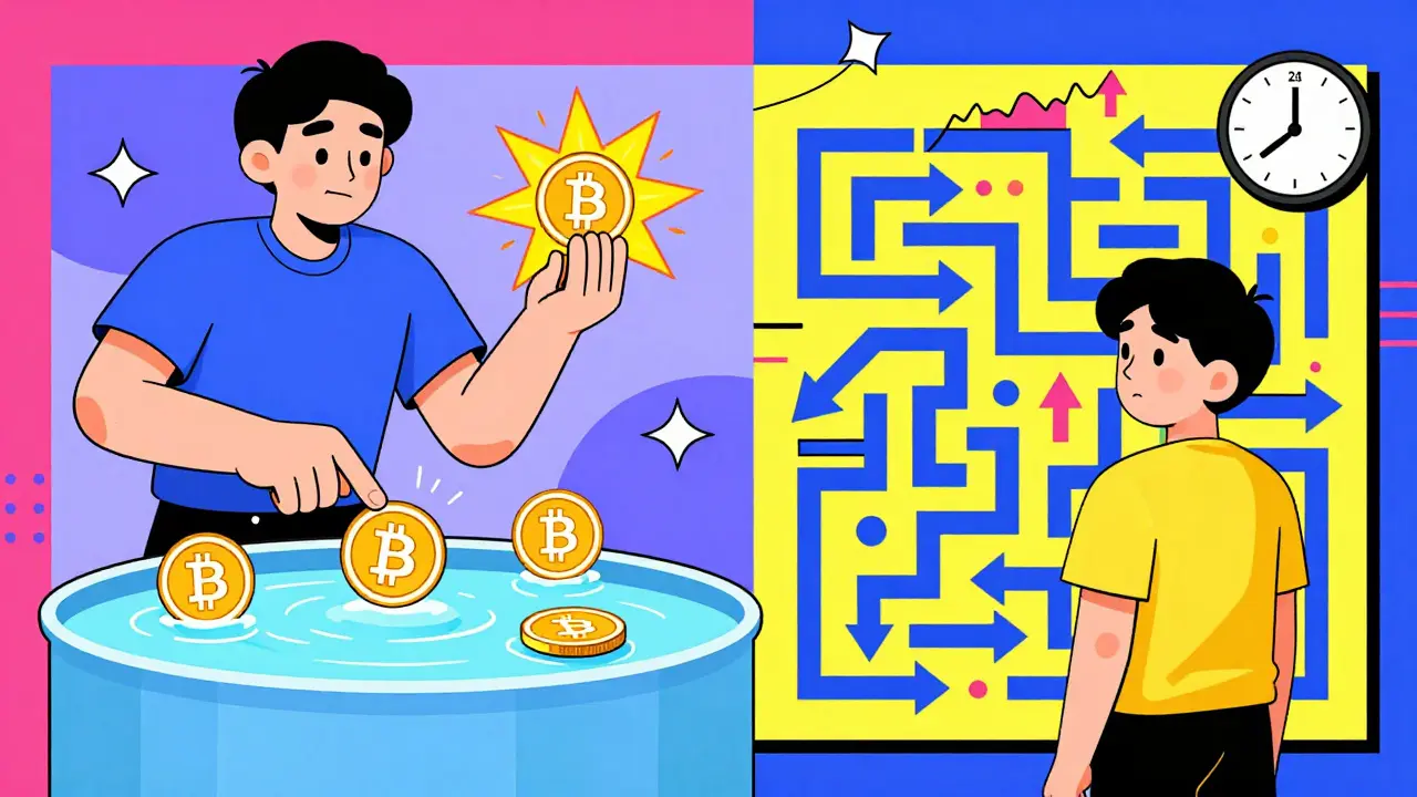 Scène divisée : expert gagnant des récompenses vs débutant perdu dans un labyrinthe blockchain, style Memphis.