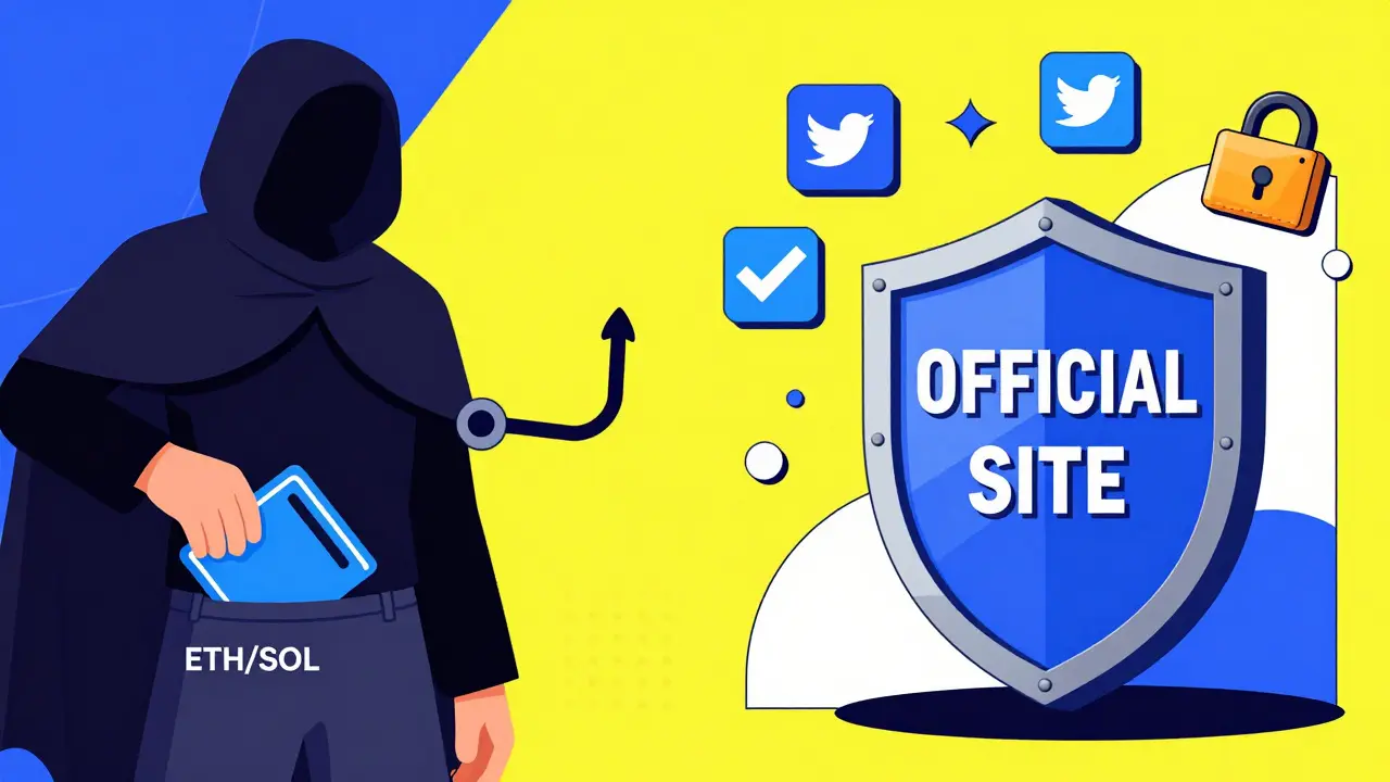 Scène divisée : un pirate numérique attaque un portefeuille contre un bouclier officiel en style Memphis.