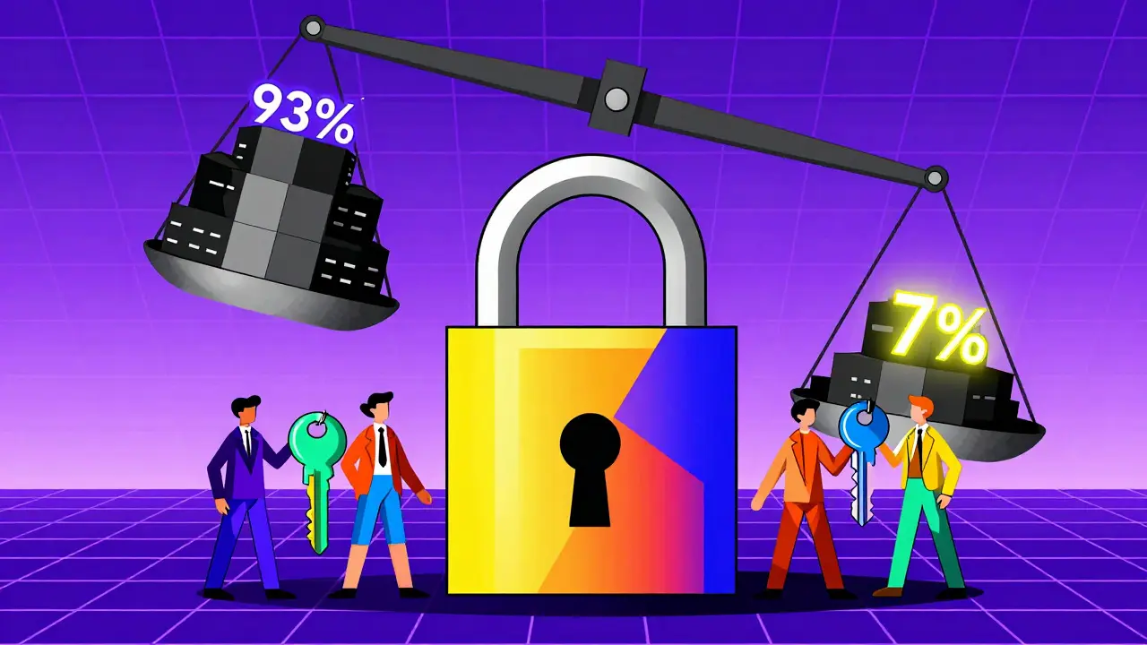 Serrure multi-signatures avec sept clés colorées, dont une manquante, et des actifs en stockage à froid en arrière-plan.