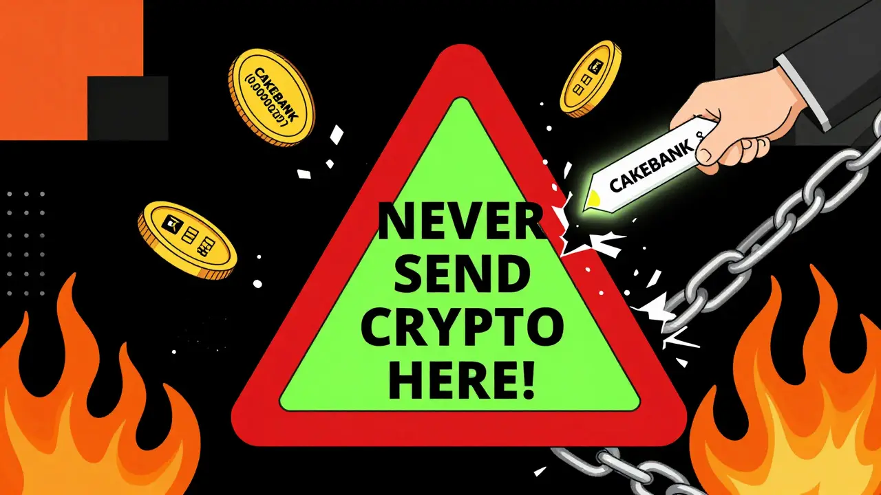 Signe d'avertissement géant contre les escroqueries CAKEBANK en style Memphis.