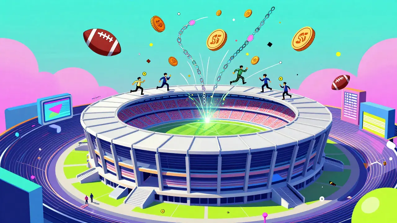 Stade NFT flottant dans l'espace avec des jetons MSU en forme de confettis et des chaînes blockchain.