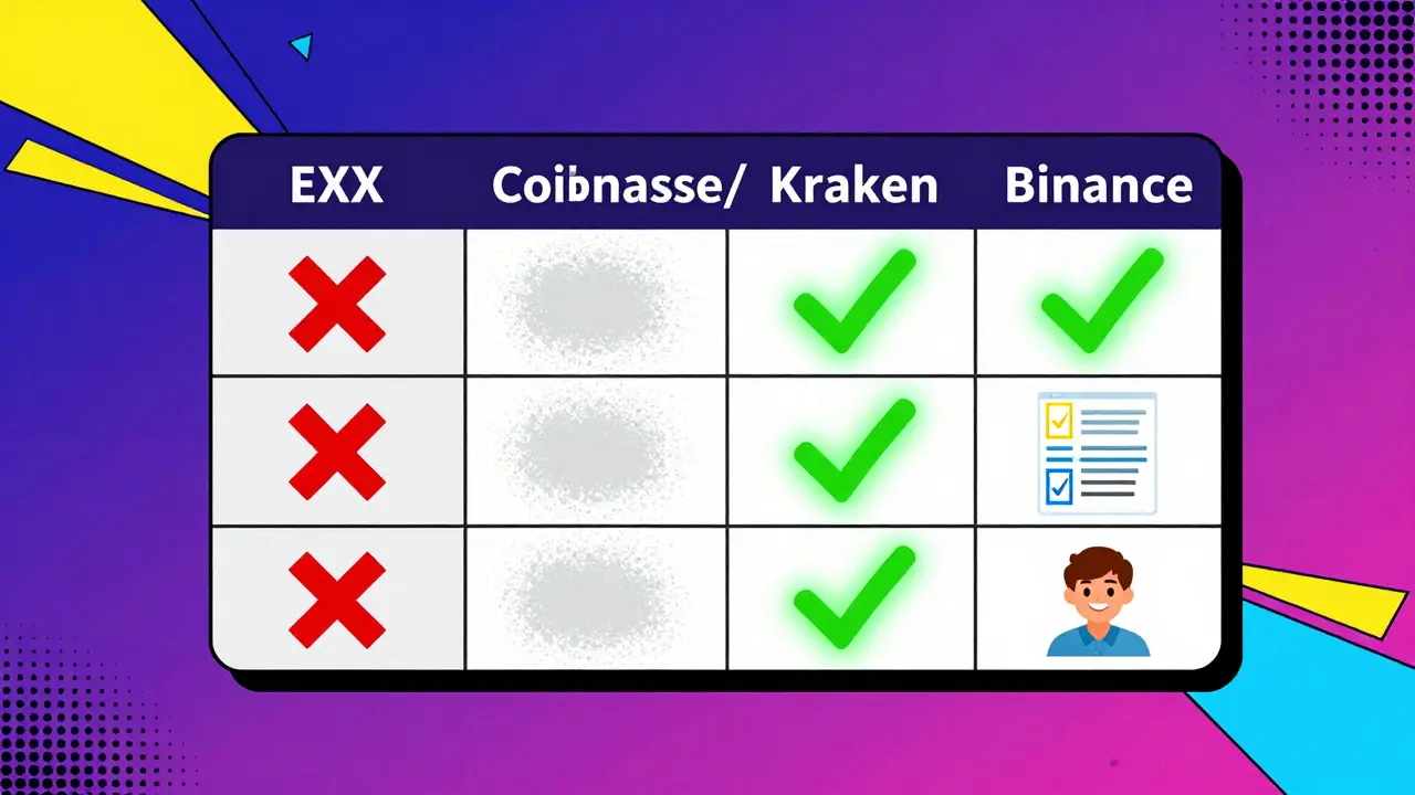 Tableau comparatif entre EXX (effacé) et d'autres échanges (brillants) en style géométrique coloré.