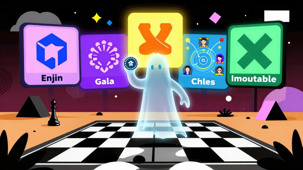 Un fantôme tenant un jeton CHESS, tandis que d'autres projets crypto prospèrent derrière lui en arrière-plan.