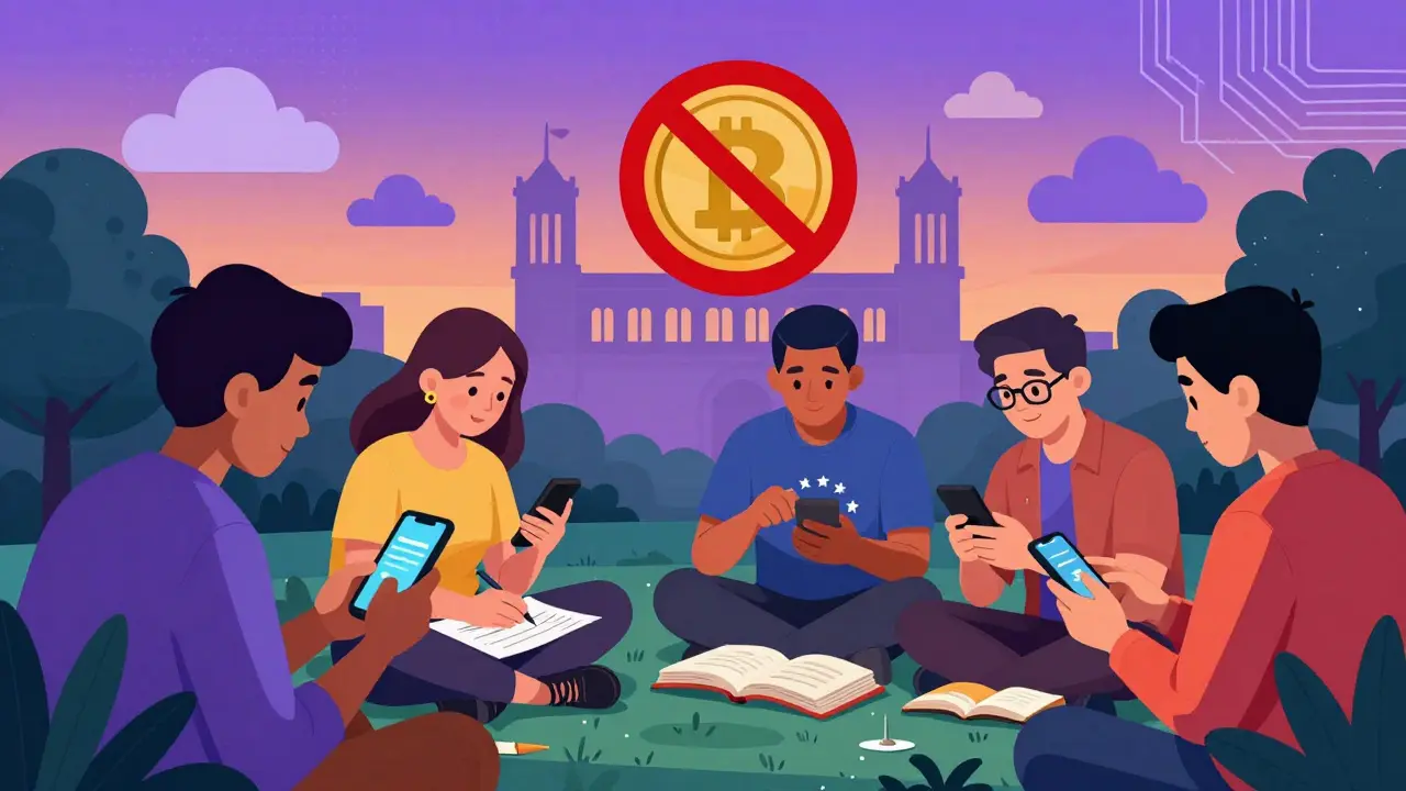 Un groupe de personnes échange des USDT dans un parc, sauvegardant leur clé privée sur papier.