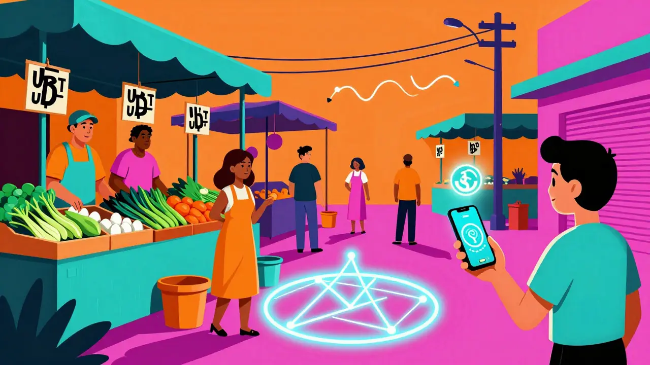 Un marché à Caracas où les prix sont affichés en USDT et les clients paient avec des tokens numériques.