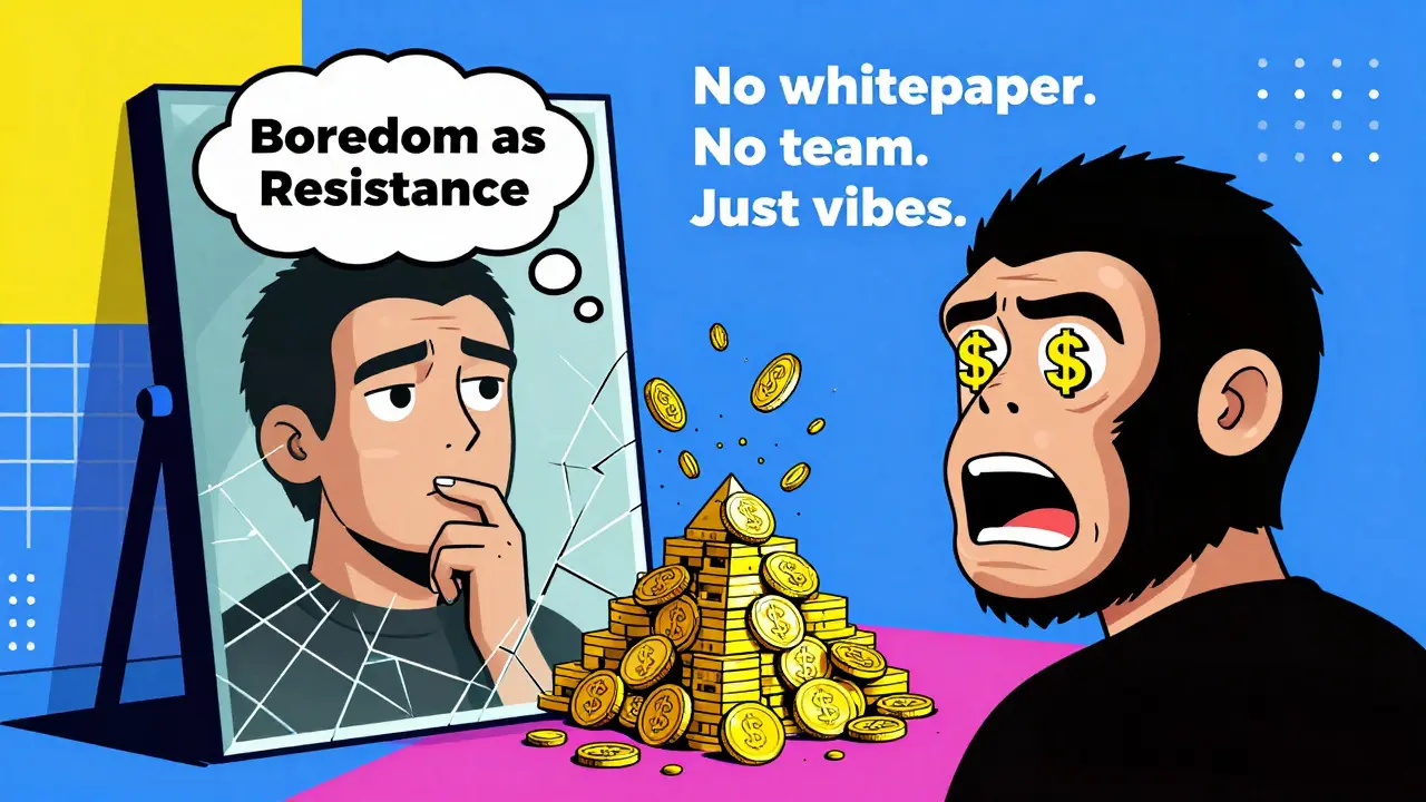 Un miroir brisé reflétant deux visages : un calme et un fou, entouré de débris de jetons et de textes 'Pas de whitepaper'.