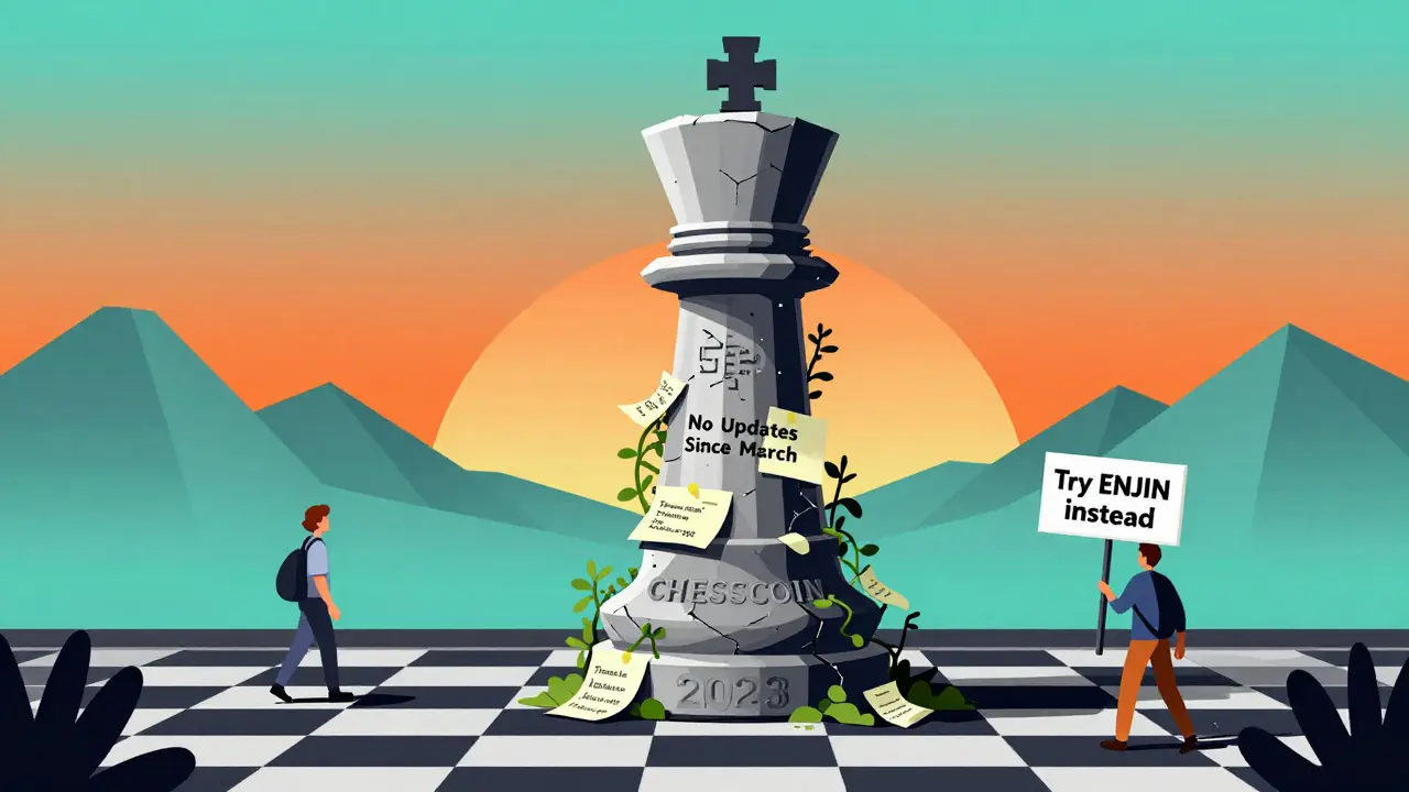 Un monument en ruine marqué 'CHESSCOIN' ignoré par des passants, avec des notes indiquant 'Pas de mise à jour'.