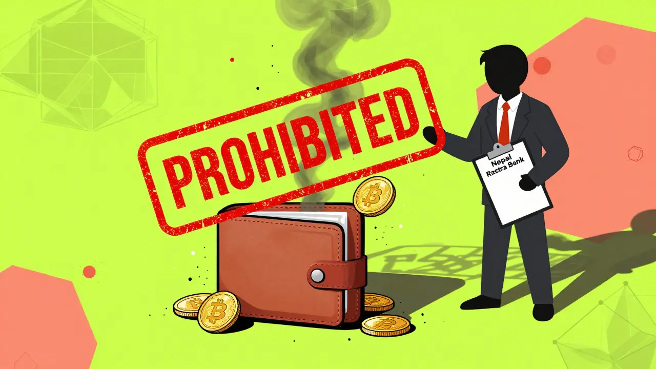 Un tampon 'INTERDIT' écrase des pièces crypto sous un symbole de banque centrale népalaise.