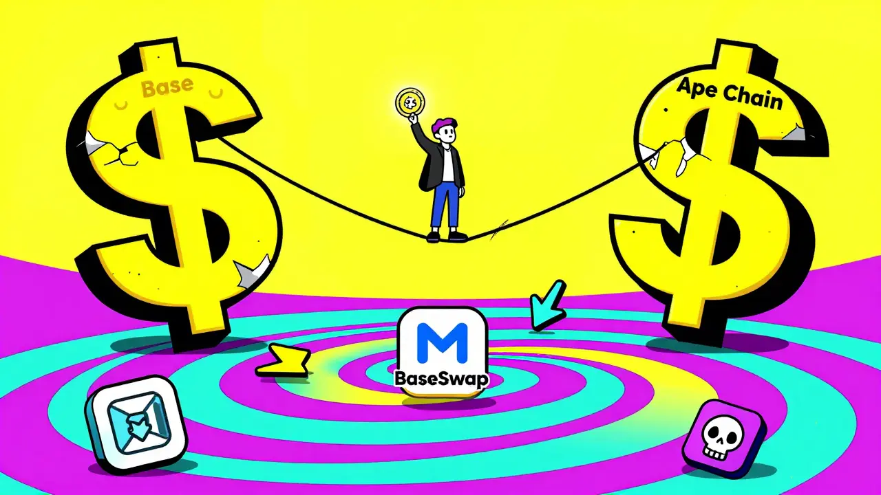 Un trader sur une corde raide entre deux signes dollar détruits, tenant un jeton BORED dans un tourbillon de symboles crypto.