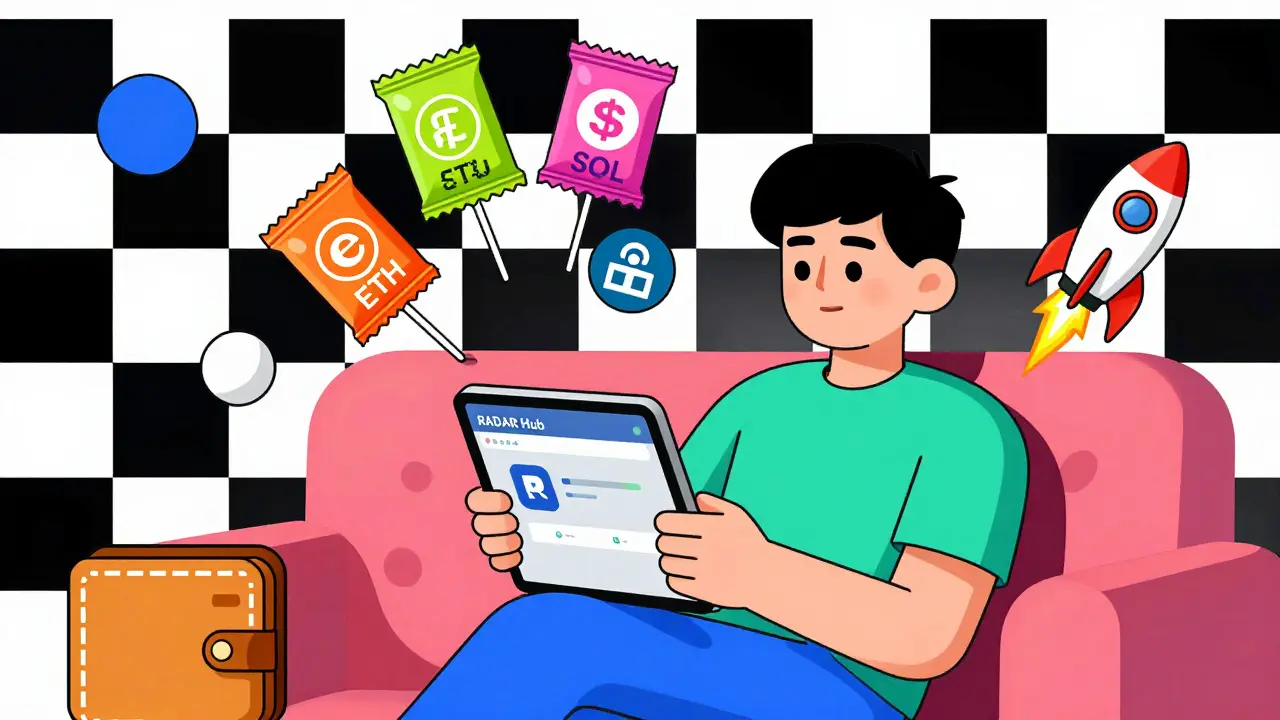 Utilisateur détendu avec des paquets de récompenses en crypto flottant au-dessus de sa tête, dans un style graphique vif.