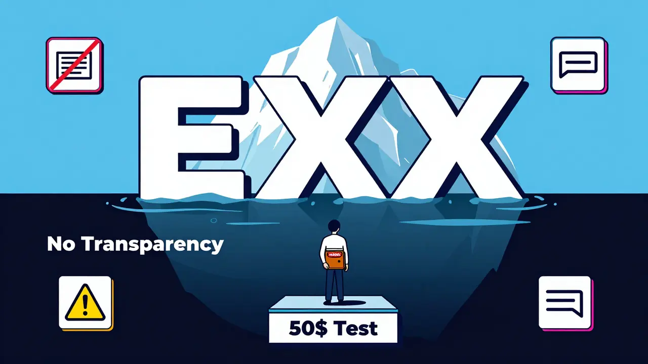 Utilisateur seul sur une plateforme fragile face à un iceberg silencieux portant le logo EXX.