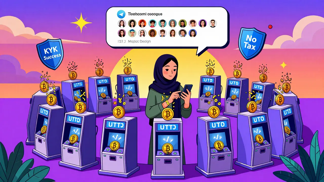 127 distributeurs de cryptomonnaie en cercle, avec des pièces qui deviennent de l'écriture arabe, entourés d'icônes Telegram et de boucliers.