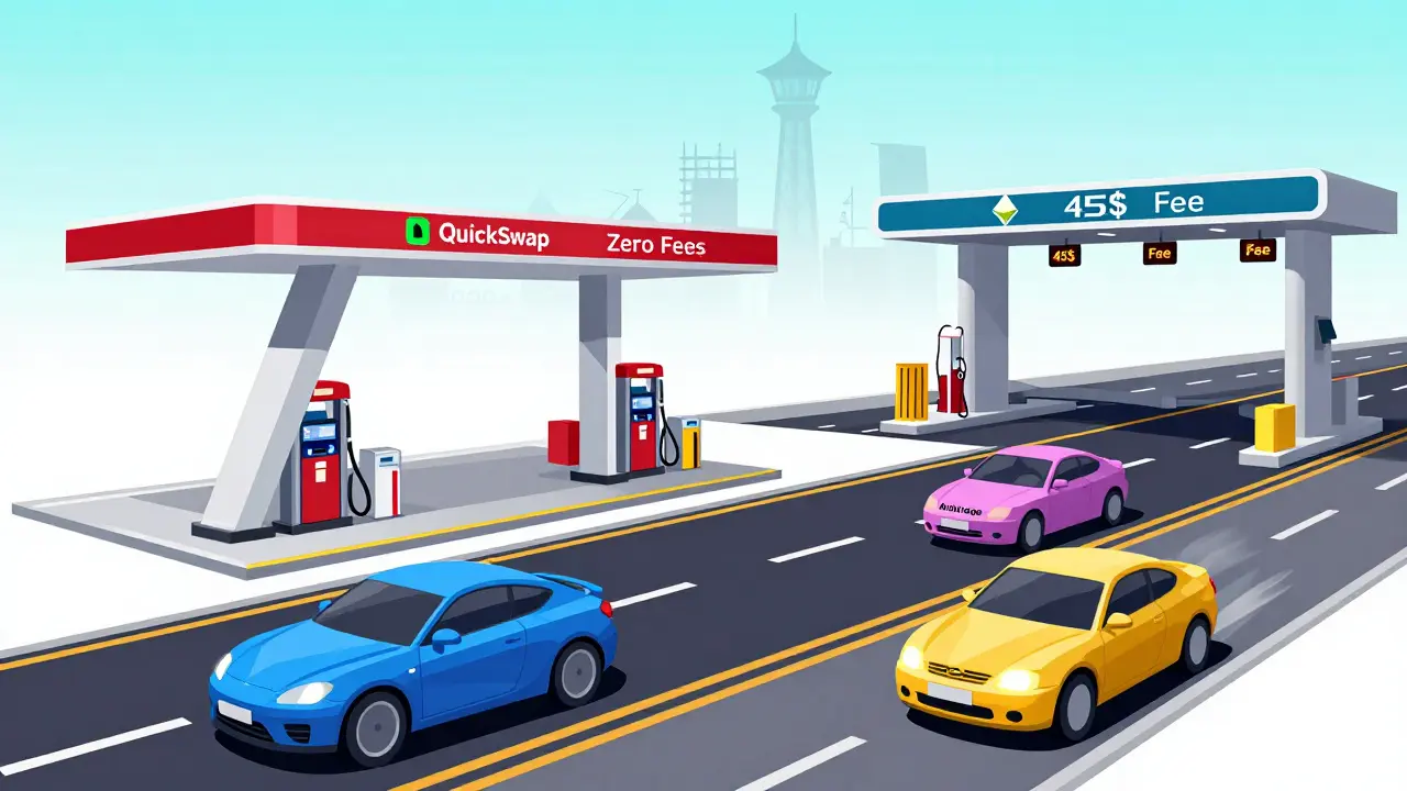 Autoroute Polygon avec QuickSwap comme station-service, dépassant un péage Ethereum coûteux.