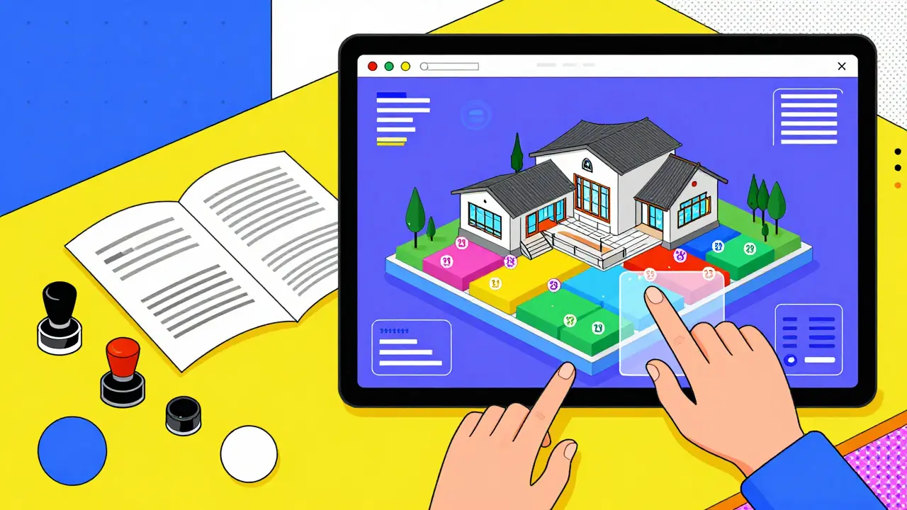 Comparaison entre un bureau en papier et une interface numérique divisant une villa en parts colorées, avec des mains interagissant sur des écrans holographiques.