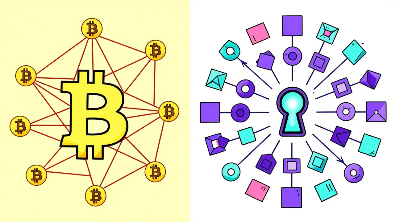 Comparaison visuelle entre une blockchain Bitcoin liée et une blockchain Monero avec des adresses isolées et protégées.