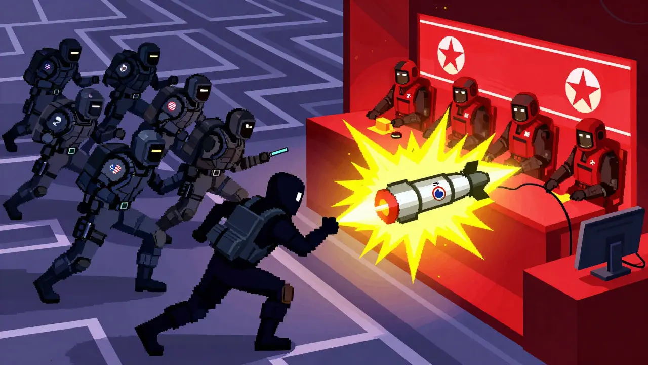 Cyber agents chasing hackers through DeFi tunnels in vibrant Memphis Design illustration.