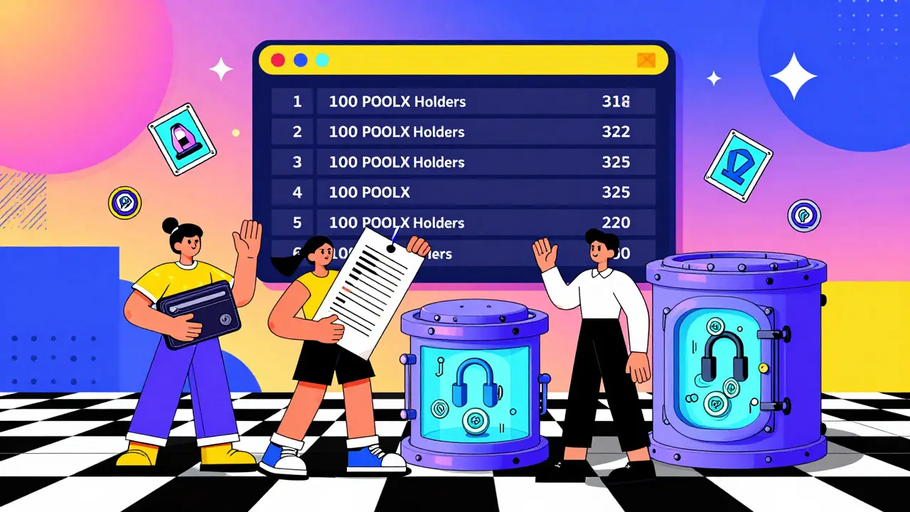 Des utilisateurs interagissant avec POOLX pour voter, staker et accéder à un classement dans un style graphique vif.