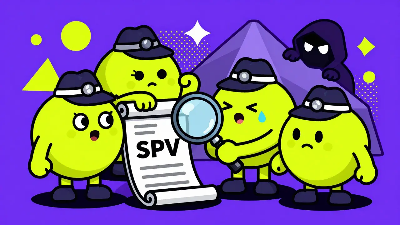 Des validateurs stylisés examinent une preuve cryptographique, tandis qu'un pirate observe discrètement dans un décor géométrique coloré.