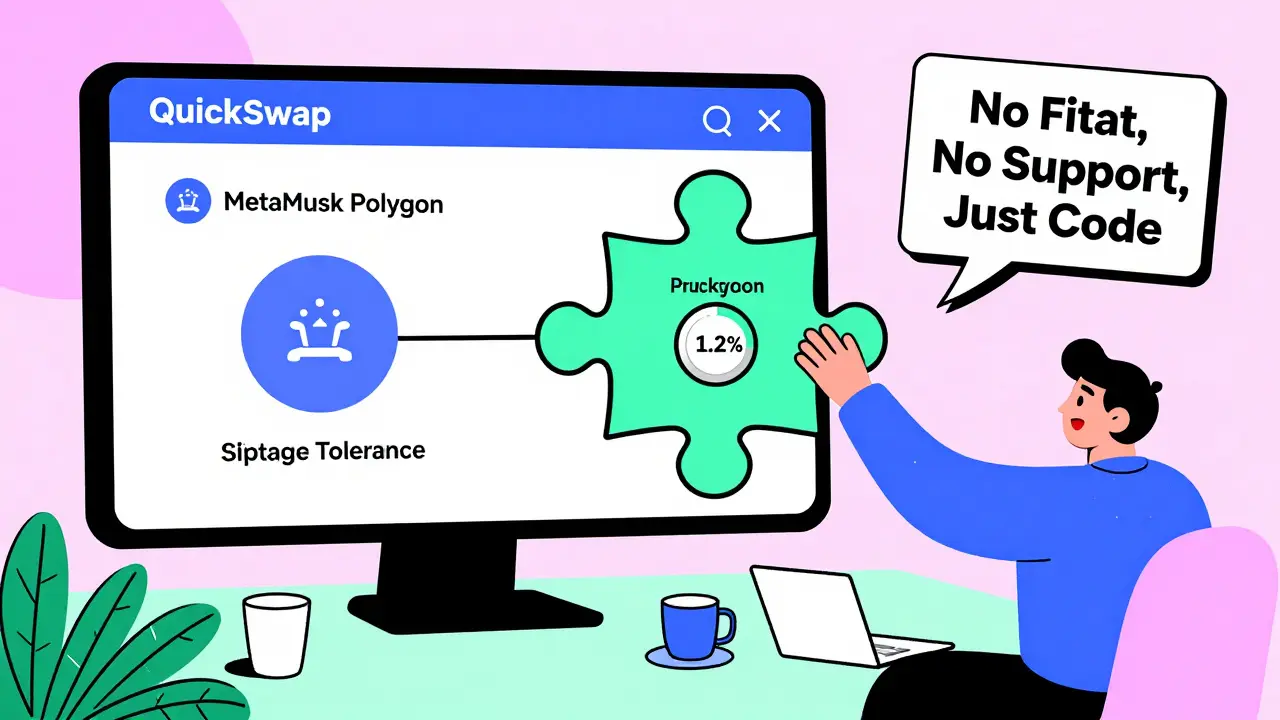 Interface QuickSwap en forme de puzzle avec des utilisateurs ajustant des paramètres de trading en style Memphis.