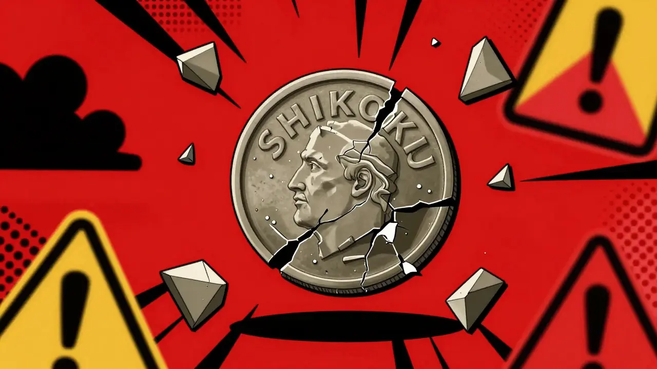 Memecoin s'effondrant avec symbole d'avertissement en style Memphis