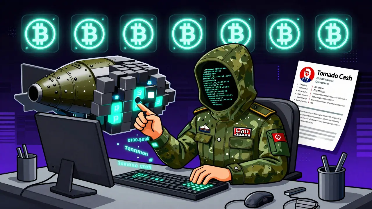 North Korean hacker assembling a nuclear warhead from Bitcoin blocks in Memphis Design style.