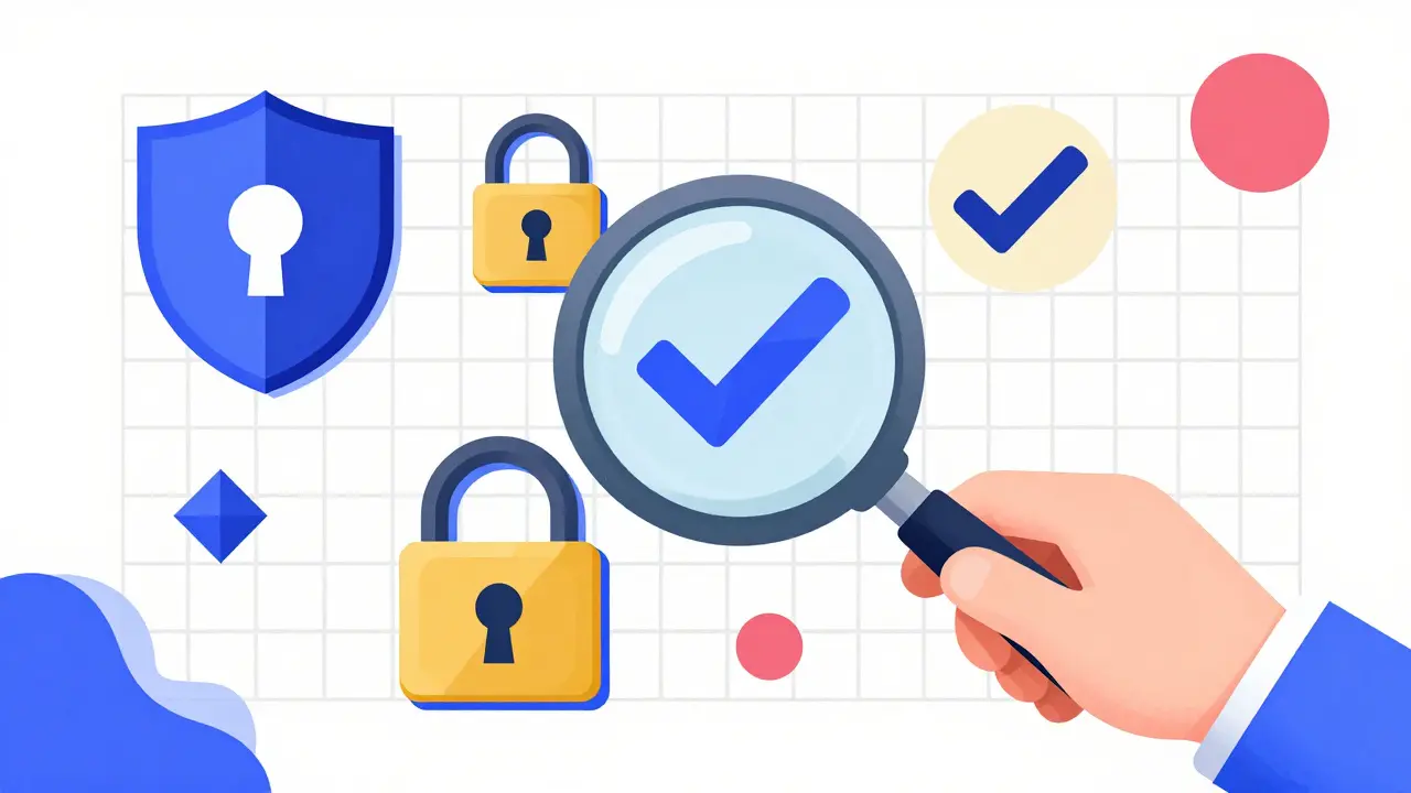 Personne inspectant des symboles de sécurité géométriques avec une loupe en style Memphis Design.