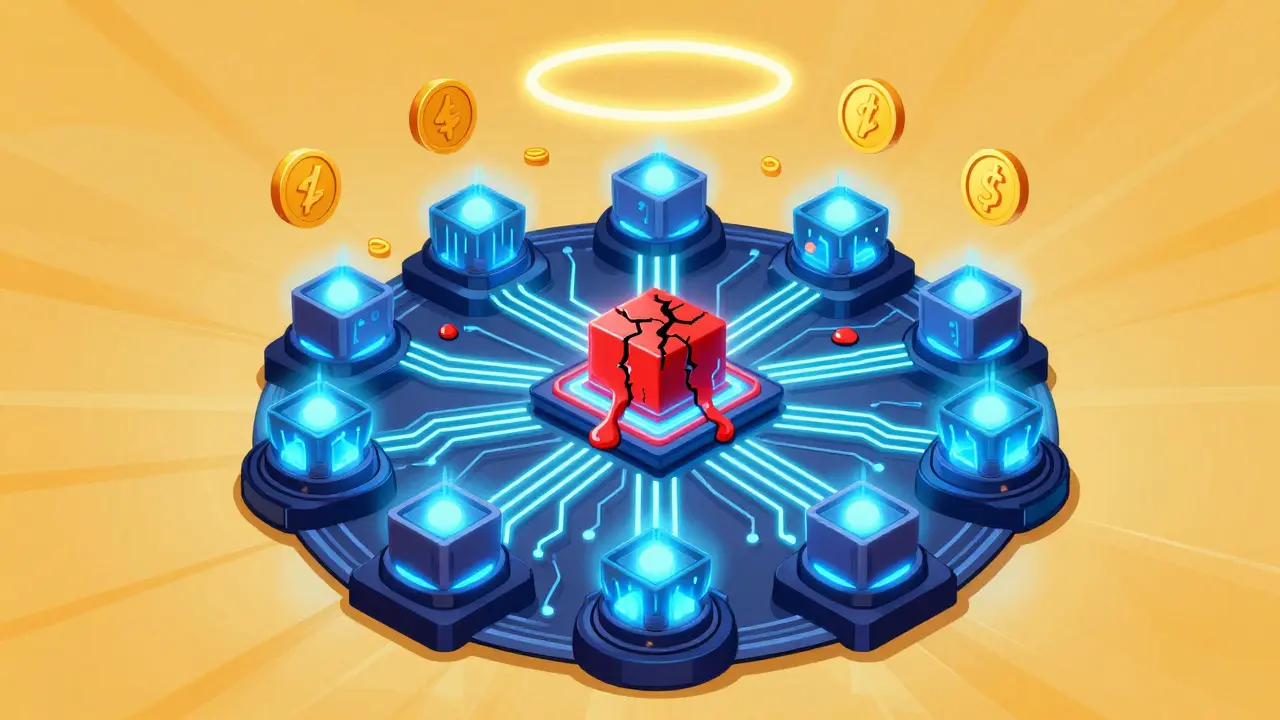 Réseau blockchain avec 12 validateurs, trois corrompus, les autres émettant des pulsations bleues en consensus.