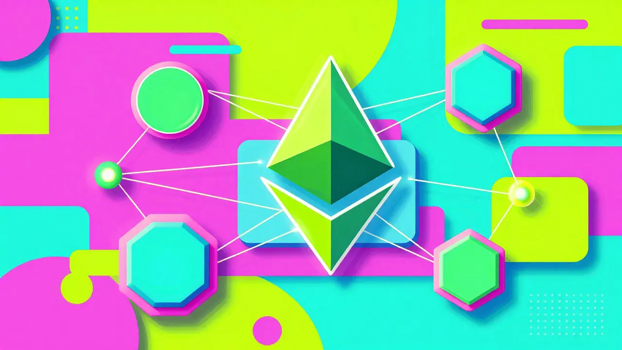 Réseau blockchain stylisé en Memphis avec formes géométriques et couleurs vives