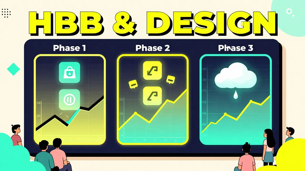 Tableau de bord DeFi montrant les trois phases de Hubble Protocol avec un graphique HBB en déclin.