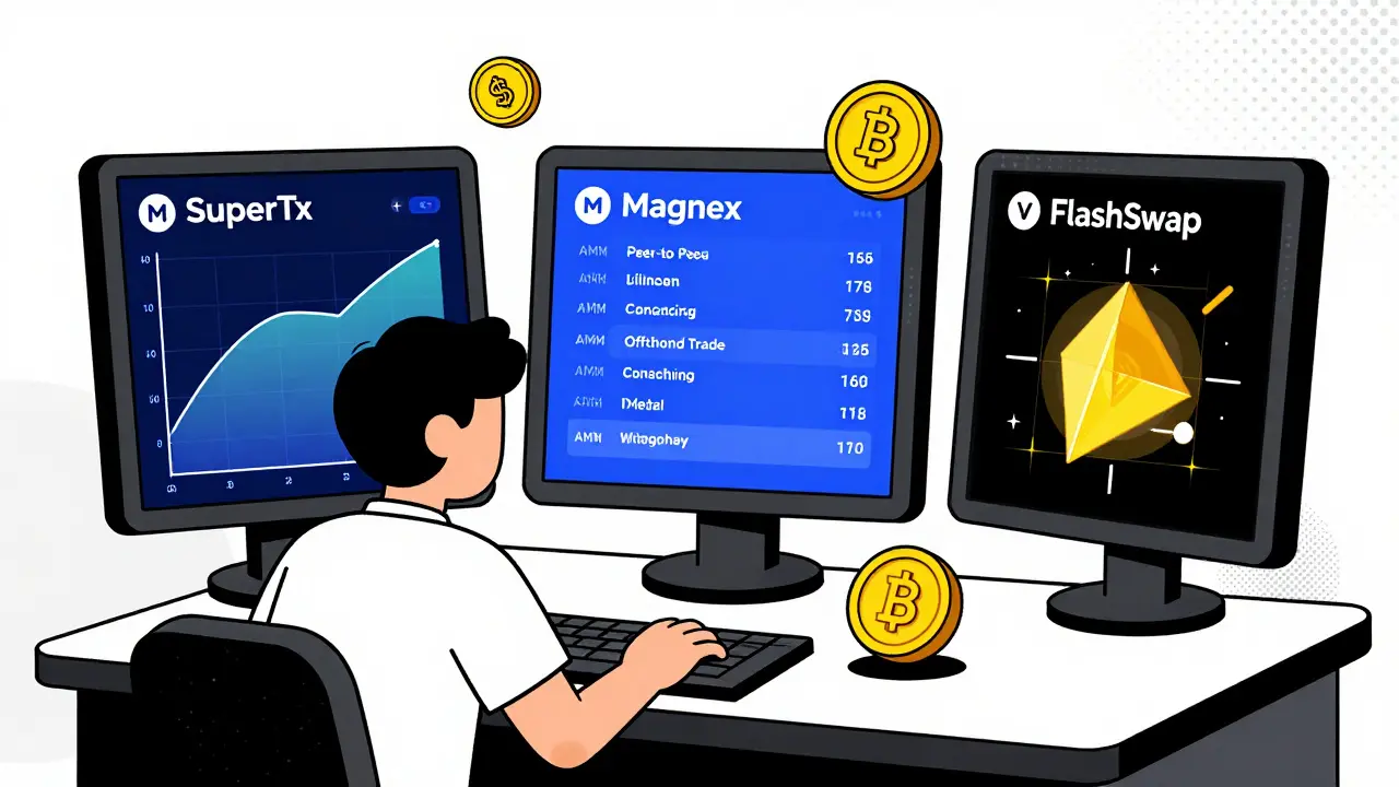 Trader devant trois écrans montrant différents modèles de trading sur une plateforme DEX stylisée.