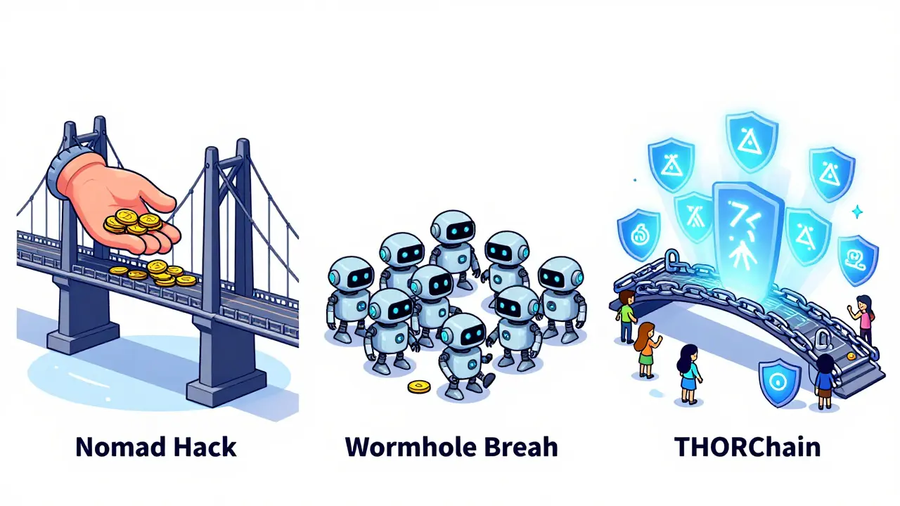 Trois modèles de ponts blockchain illustrés : custodial, semi-custodial et sans confiance, avec des symboles visuels clairs.