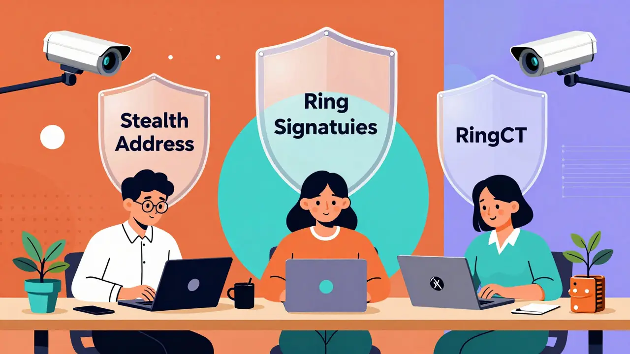 Trois utilisateurs protégés par des boucliers cryptographiques flottants, dans un bureau accueillant sous un ciel géométrique.