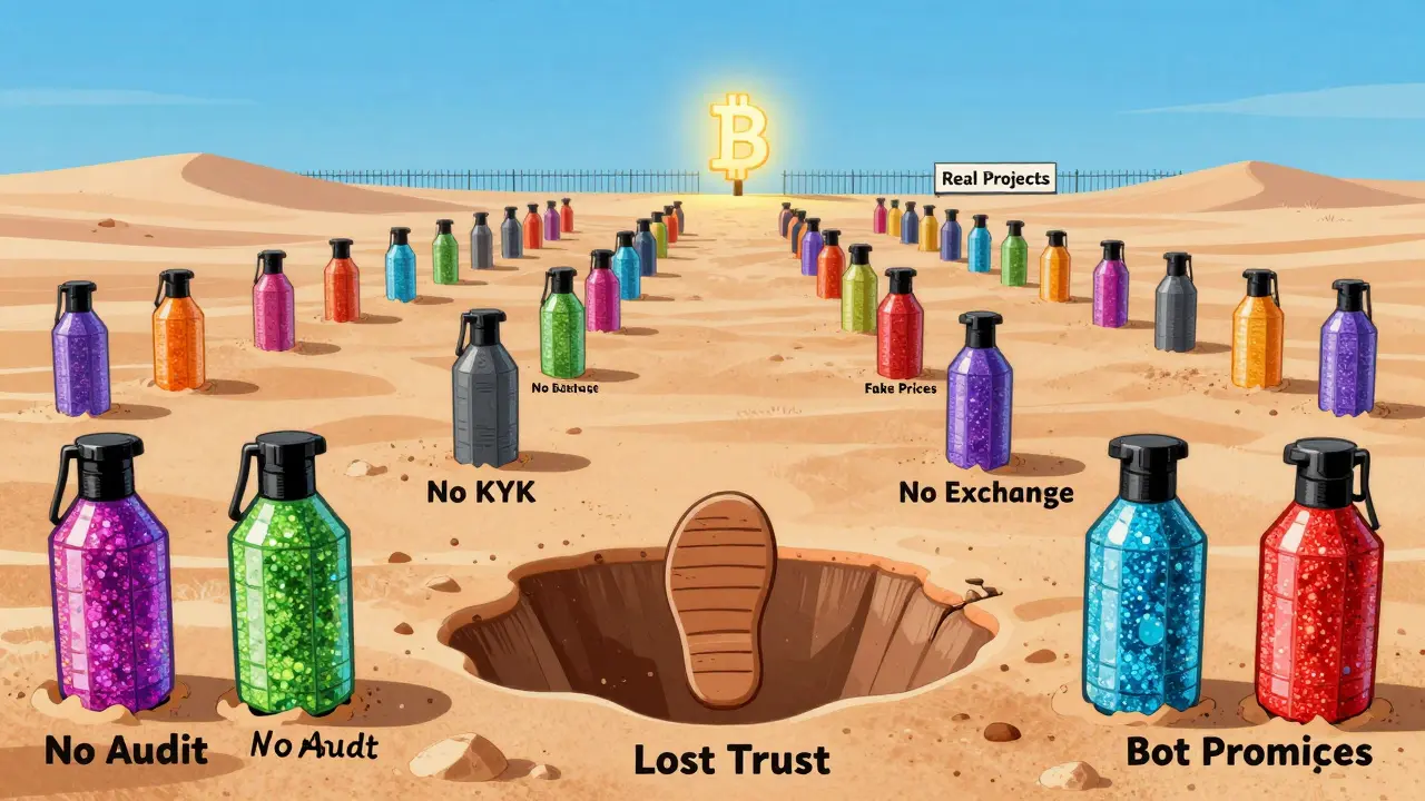 Un champ de mines colorées avec des étiquettes d'arnaque crypto, une empreinte vers une perte de confiance, style cartoon Memphis.