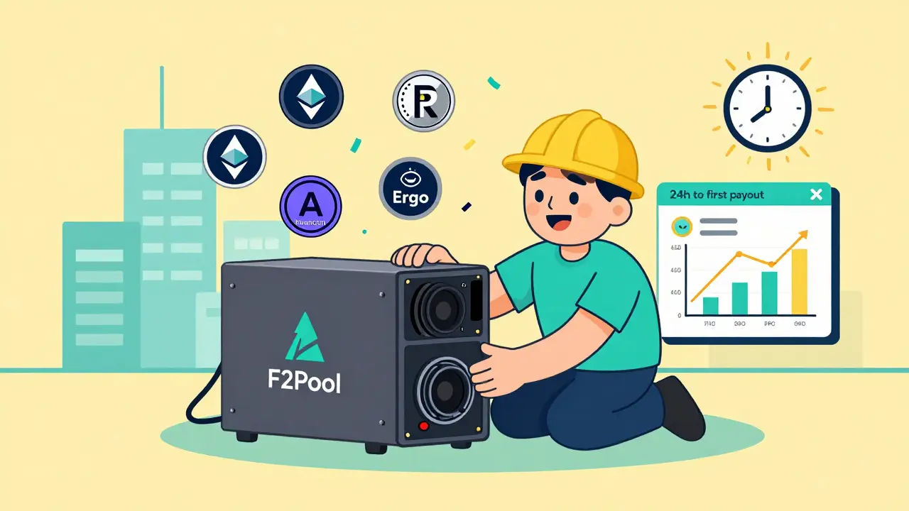 Un mineur débutant configure son équipement avec F2Pool, entouré de cryptomonnaies alternatives et d'icônes de paiement automatique.