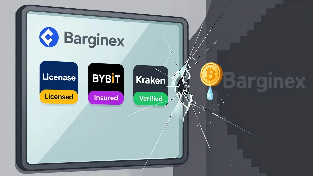 Un miroir fissuré montrant des échanges fiables d'un côté et l'ombre floue de Barginex de l'autre.