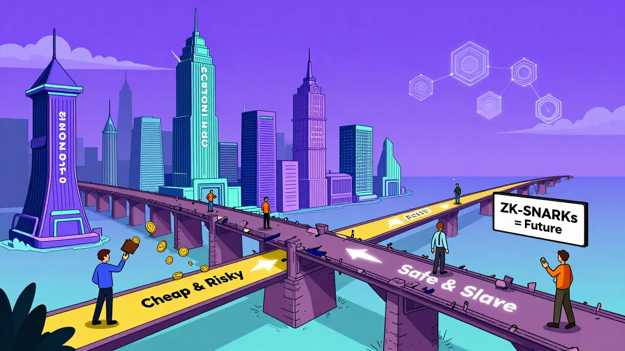 Un paysage blockchain futuriste où les ponts sécurisés surpassent les anciens, avec des choix pour utilisateurs.