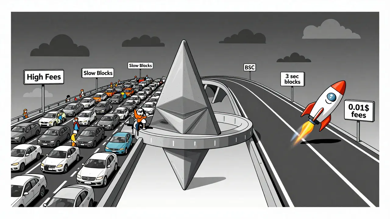 Un pont entre un réseau Ethereum ralenti et une autoroute BSC rapide, avec des fusées vETH qui filent à travers.