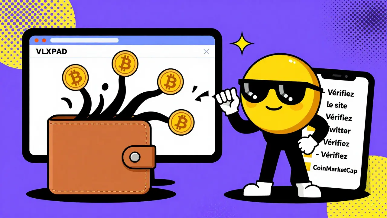 Un portefeuille attaqué par des liens frauduleux, bloqué par un jeton VLXPAD héroïque avec un checklist de sécurité.