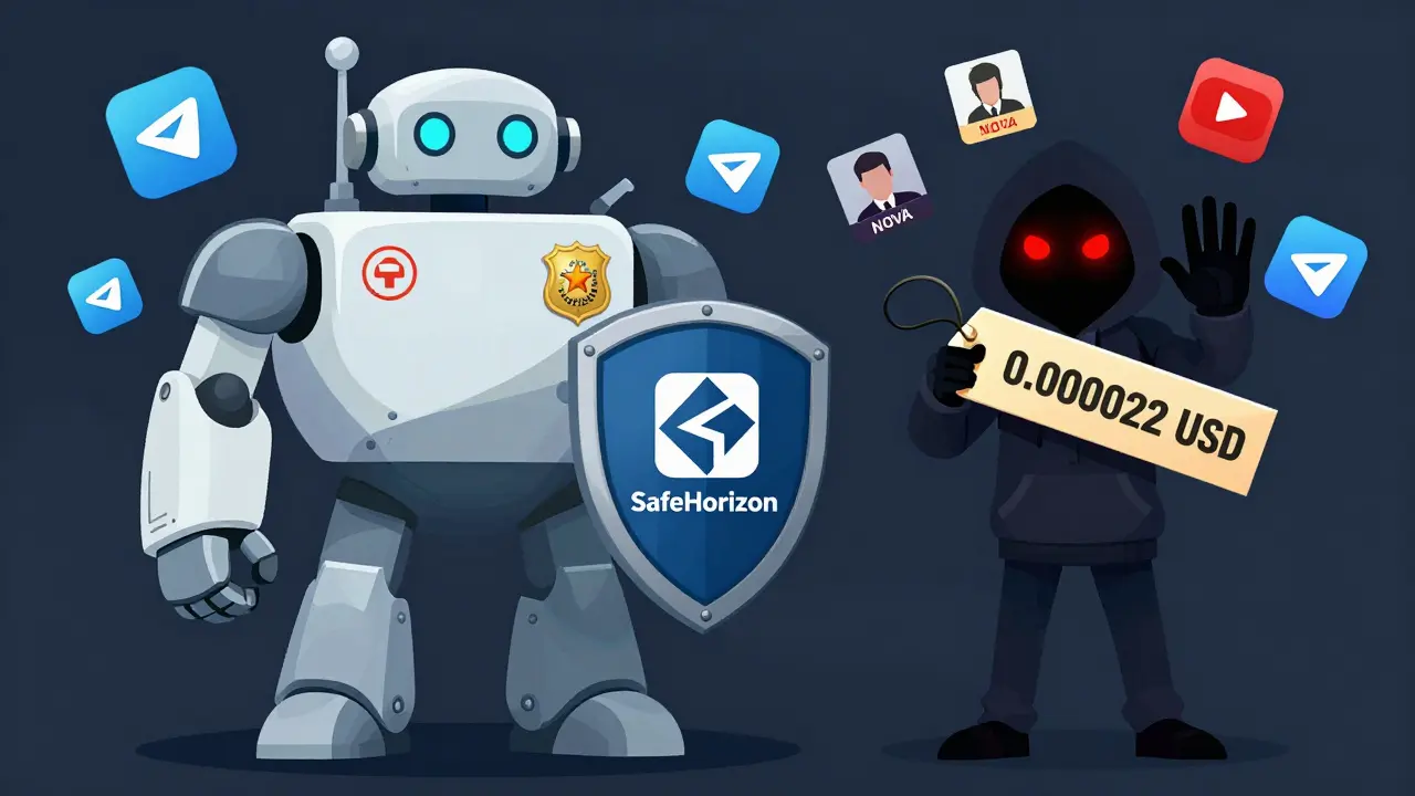 Un robot policier légitime face à un escroc flou avec un jeton NOVA faux et des prix changeants, style cartoon Memphis.