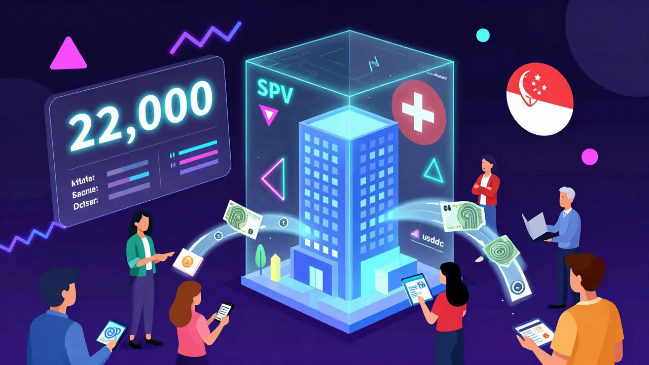 Un tableau blockchain géométrique montre des paiements de loyers qui affluent vers des portefeuilles numériques à travers le monde.