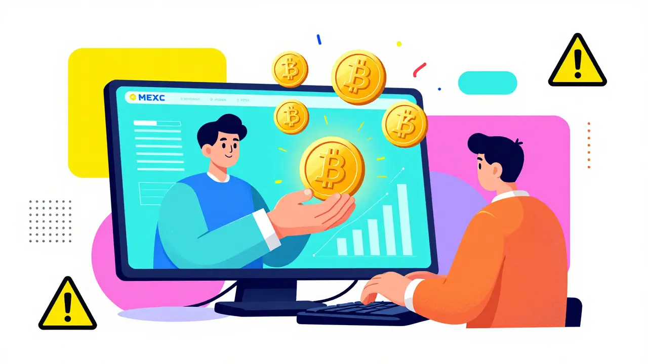 Un trader échange des USDT contre des VLXPAD sur MEXC, entouré de graphiques et de formes géométriques colorées.