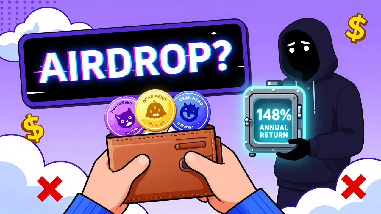 Un utilisateur confus avec quatre jetons NEKO différents, entouré de signaux d'arnaque et de rendements frauduleux.
