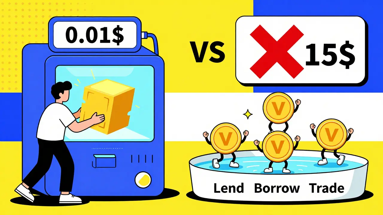 Un utilisateur dépose de l'ETH dans une machine qui produit des jetons vETH souriants pour prêter, emprunter et échanger.