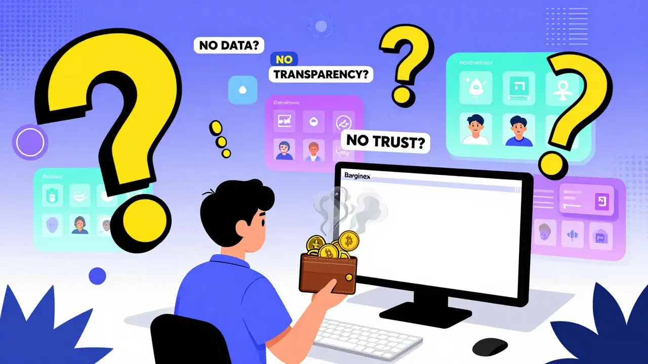 Un utilisateur face à un écran vide Barginex, ses cryptomonnaies s'évaporant, tandis que des symboles d'alerte géométriques l'entourent.