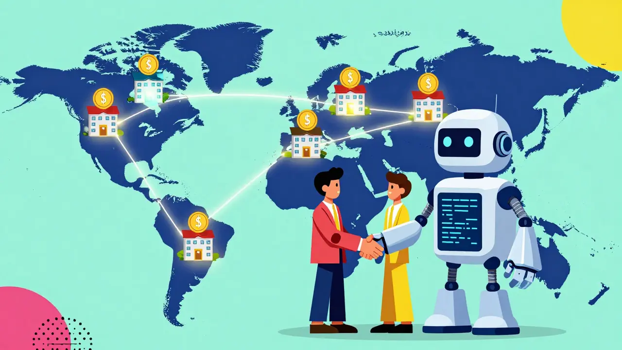 Une carte mondiale connectée par des voies lumineuses, des bâtiments tokenisés et un robot contrat intelligent qui serre la main de deux investisseurs.