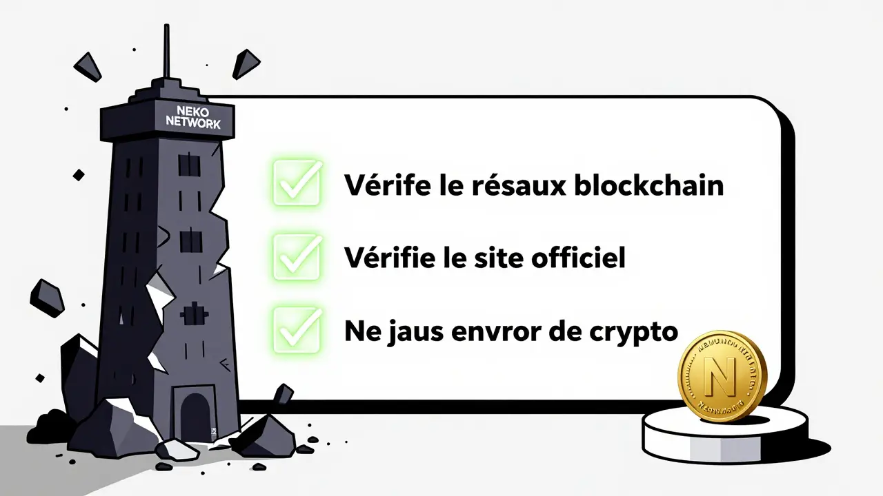 Une checklist visuelle avec trois règles pour éviter les arnaques NEKO, tandis qu'un projet fantôme s'effondre.